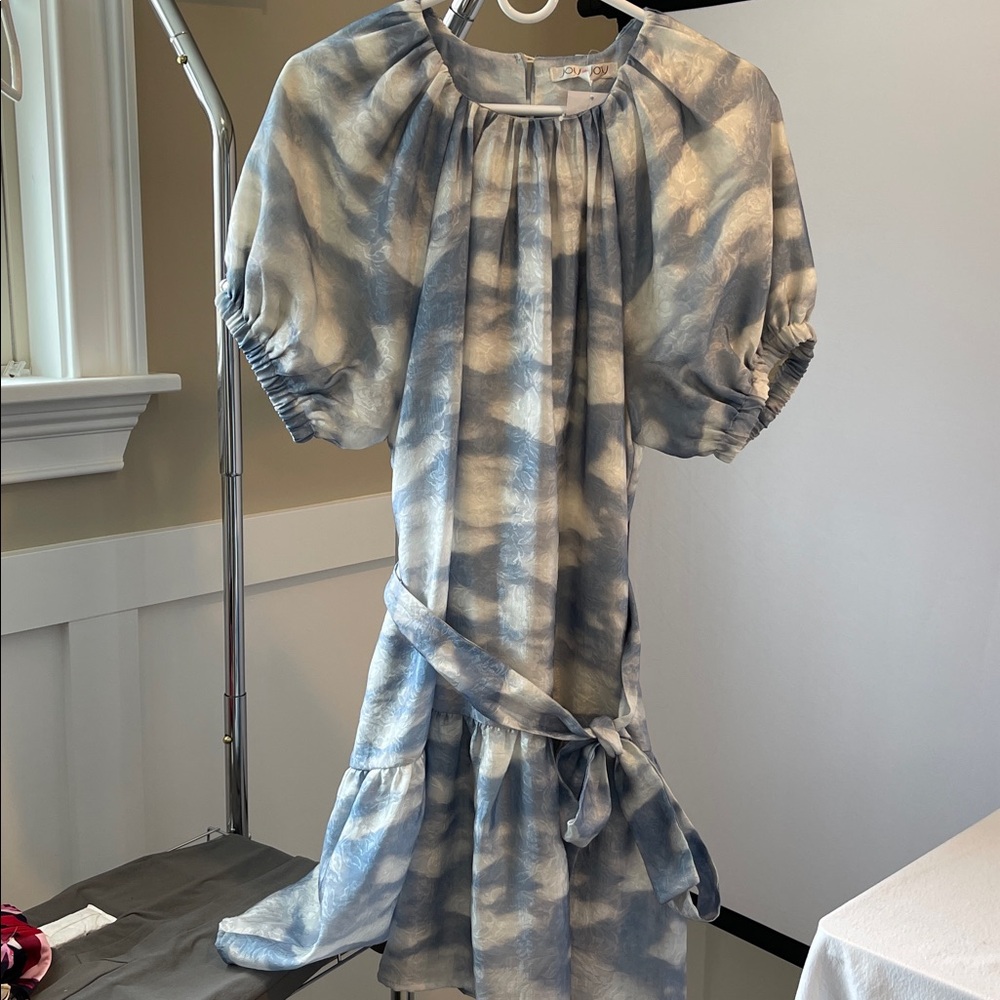 Joy Joy Rouch Round Neck Dress Metallic Blue Silver Mini Dress L NWT